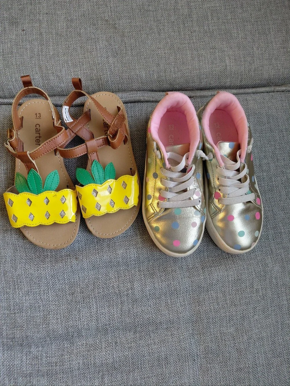 Carter's Girls Pineapple Yellow Sandals & Metallic Polka Dot Sneakers Sz 13